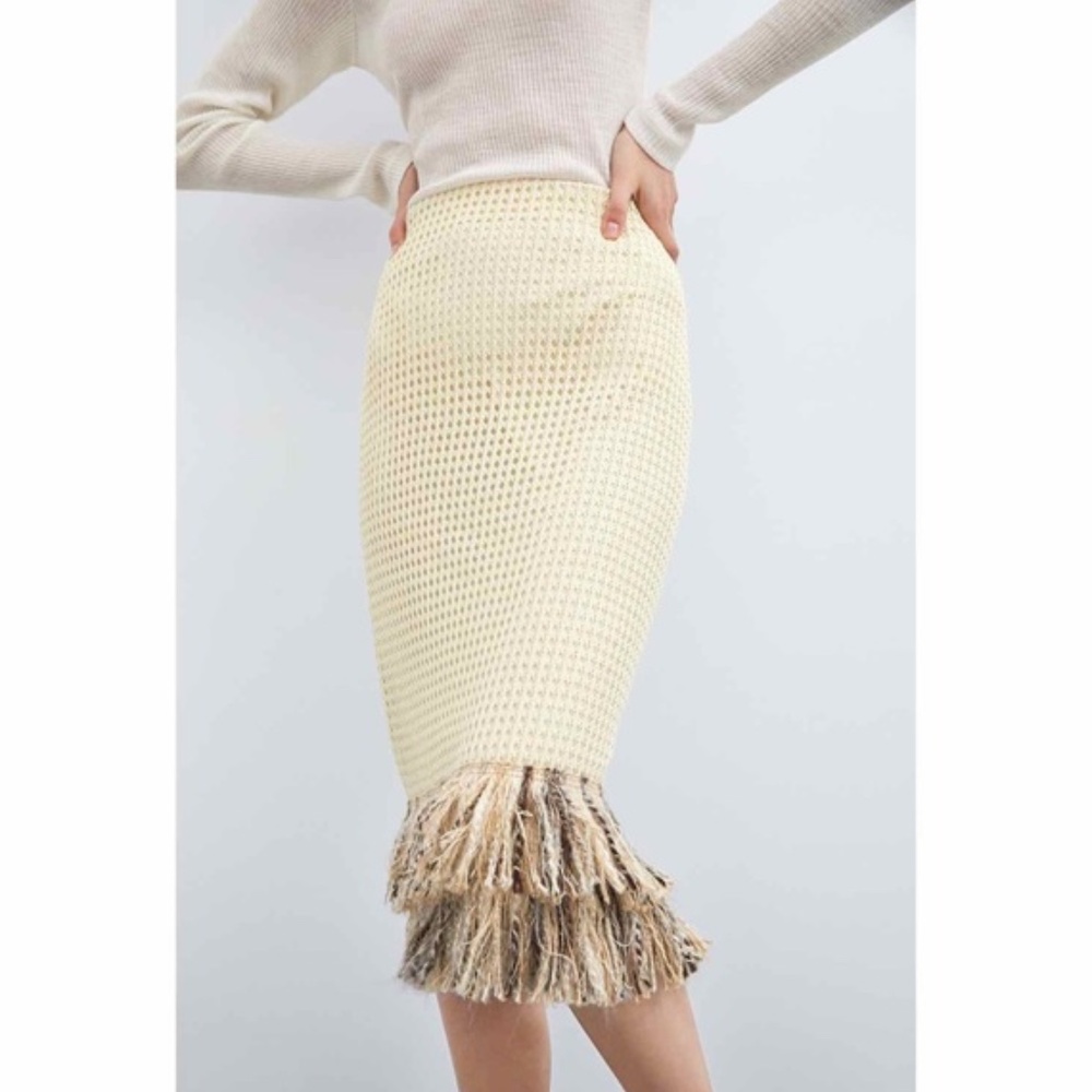 Zara mesh fringed hem midi skirt M